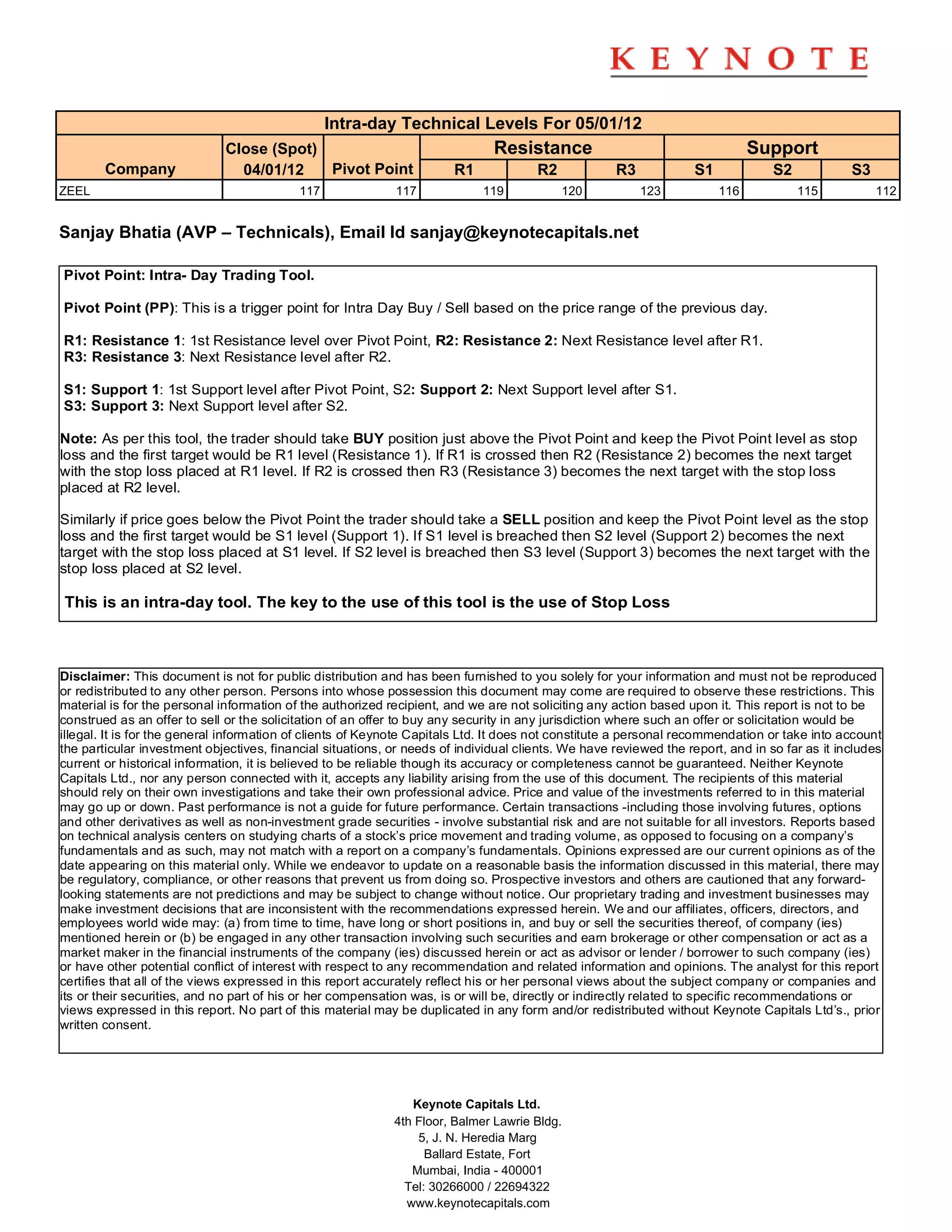 Intra-day Technical Levels For 05/01/12
                              Close (Spot)                                    Resistance                                      Support
        Company                 04/01/12   Pivot Point                 R1             R2            R3             S1            S2            S3
ZEEL                                       117              117             119            120           123            116           115           112


Sanjay Bhatia (AVP – Technicals), Email Id sanjay@keynotecapitals.net

Pivot Point: Intra- Day Trading Tool.

Pivot Point (PP): This is a trigger point for Intra Day Buy / Sell based on the price range of the previous day.

R1: Resistance 1: 1st Resistance level over Pivot Point, R2: Resistance 2: Next Resistance level after R1.
R3: Resistance 3: Next Resistance level after R2.

S1: Support 1: 1st Support level after Pivot Point, S2: Support 2: Next Support level after S1.
S3: Support 3: Next Support level after S2.

Note: As per this tool, the trader should take BUY position just above the Pivot Point and keep the Pivot Point level as stop
loss and the first target would be R1 level (Resistance 1). If R1 is crossed then R2 (Resistance 2) becomes the next target
with the stop loss placed at R1 level. If R2 is crossed then R3 (Resistance 3) becomes the next target with the stop loss
placed at R2 level.

Similarly if price goes below the Pivot Point the trader should take a SELL position and keep the Pivot Point level as the stop
loss and the first target would be S1 level (Support 1). If S1 level is breached then S2 level (Support 2) becomes the next
target with the stop loss placed at S1 level. If S2 level is breached then S3 level (Support 3) becomes the next target with the
stop loss placed at S2 level.

This is an intra-day tool. The key to the use of this tool is the use of Stop Loss



Disclaimer: This document is not for public distribution and has been furnished to you solely for your information and must not be reproduced
or redistributed to any other person. Persons into whose possession this document may come are required to observe these restrictions. This
material is for the personal information of the authorized recipient, and we are not soliciting any action based upon it. This report is not to be
construed as an offer to sell or the solicitation of an offer to buy any security in any jurisdiction where such an offer or solicitation would be
illegal. It is for the general information of clients of Keynote Capitals Ltd. It does not constitute a personal recommendation or take into account
the particular investment objectives, financial situations, or needs of individual clients. We have reviewed the report, and in so far as it includes
current or historical information, it is believed to be reliable though its accuracy or completeness cannot be guaranteed. Neither Keynote
Capitals Ltd., nor any person connected with it, accepts any liability arising from the use of this document. The recipients of this material
should rely on their own investigations and take their own professional advice. Price and value of the investments referred to in this material
may go up or down. Past performance is not a guide for future performance. Certain transactions -including those involving futures, options
and other derivatives as well as non-investment grade securities - involve substantial risk and are not suitable for all investors. Reports based
on technical analysis centers on studying charts of a stock’s price movement and trading volume, as opposed to focusing on a company’s
fundamentals and as such, may not match with a report on a company’s fundamentals. Opinions expressed are our current opinions as of the
date appearing on this material only. While we endeavor to update on a reasonable basis the information discussed in this material, there may
be regulatory, compliance, or other reasons that prevent us from doing so. Prospective investors and others are cautioned that any forward-
looking statements are not predictions and may be subject to change without notice. Our proprietary trading and investment businesses may
make investment decisions that are inconsistent with the recommendations expressed herein. We and our affiliates, officers, directors, and
employees world wide may: (a) from time to time, have long or short positions in, and buy or sell the securities thereof, of company (ies)
mentioned herein or (b) be engaged in any other transaction involving such securities and earn brokerage or other compensation or act as a
market maker in the financial instruments of the company (ies) discussed herein or act as advisor or lender / borrower to such company (ies)
or have other potential conflict of interest with respect to any recommendation and related information and opinions. The analyst for this report
certifies that all of the views expressed in this report accurately reflect his or her personal views about the subject company or companies and
its or their securities, and no part of his or her compensation was, is or will be, directly or indirectly related to specific recommendations or
views expressed in this report. No part of this material may be duplicated in any form and/or redistributed without Keynote Capitals Ltd’s., prior
written consent.




                                                               Keynote Capitals Ltd.
                                                            4th Floor, Balmer Lawrie Bldg.
                                                                5, J. N. Heredia Marg
                                                                  Ballard Estate, Fort
                                                               Mumbai, India - 400001
                                                              Tel: 30266000 / 22694322
                                                              www.keynotecapitals.com
 