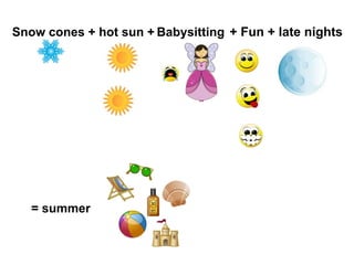 Snow cones + hot sun + Babysitting + Fun + late nights
= summer
 