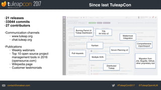 #TuleapCon2017 @TuleapOpenALM
email
contact@enalean.com
TQL
Art links v2
Comprehensive
import/export
Pull requests
Multipl...