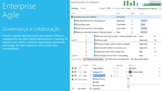 Enterprise
Agile
Governança e colaboração
Amplie a gestão ágil para todos da empresa. Efetue o
mapeamento de cada história alimentando o backlog de
negócio com visões a nível de organização garantindo
priorização do valor negócio e uma ampla visão
compartilhada.
 