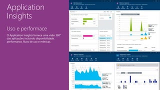 Application
Insights
Uso e performace
O Application Insights fornece uma visão 360°
das aplicações incluindo disponibilidade,
performance, fluxo de uso e métricas.
 