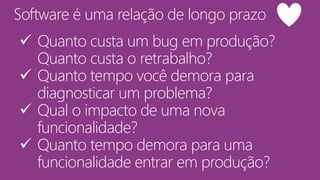 Software é uma relação de longo prazo
 Quanto custa um bug em produção?
Quanto custa o retrabalho?
 Quanto tempo você demora para
diagnosticar um problema?
 Qual o impacto de uma nova
funcionalidade?
 Quanto tempo demora para uma
funcionalidade entrar em produção?
 