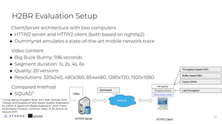 Client/server architecture with two computers
● HTTP/2 server and HTTP/2 client (both based on nghttp2)
● Dummynet emulates a state-of-the-art mobile network trace
Video content
● Big Buck Bunny: 596 seconds
● Segment duration: 1s, 2s, 4s, 6s
● Quality: 20 versions
● Resolutions: 320x240, 480x360, 854x480, 1280x720, 1920x1080
Compared method
● SQUAD1)
H2BR Evaluation Setup
24
24
Dummynet
Throughput-based AGG
Buffer-based BBA
Hybrid SARA
Last throughput
1)
Cong Wang, Divyashri Bhat, Amr Rizk, Michael Zink..
“Design and Analysis of QoE-Aware Quality Adaptation
for DASH: A Spectrum-Based Approach”. ACM Trans.
Multimedia Comput. Commun. Appl. 13, 3s, Article 45,
August 2017.
 