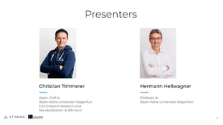 Presenters
Christian Timmerer
Assoc.-Prof at
Alpen-Adria-Universität Klagenfurt
CIO | Head of Research and
Standardization at Bitmovin
Hermann Hellwagner
Professor at
Alpen-Adria-Universität Klagenfurt
4
4
 
