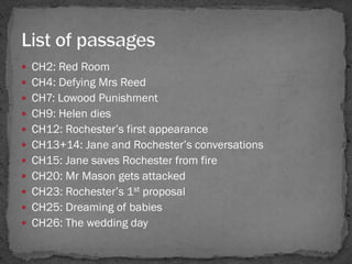  CH2: Red Room
 CH4: Defying Mrs Reed
 CH7: Lowood Punishment
 CH9: Helen dies
 CH12: Rochester‘s first appearance
 ...