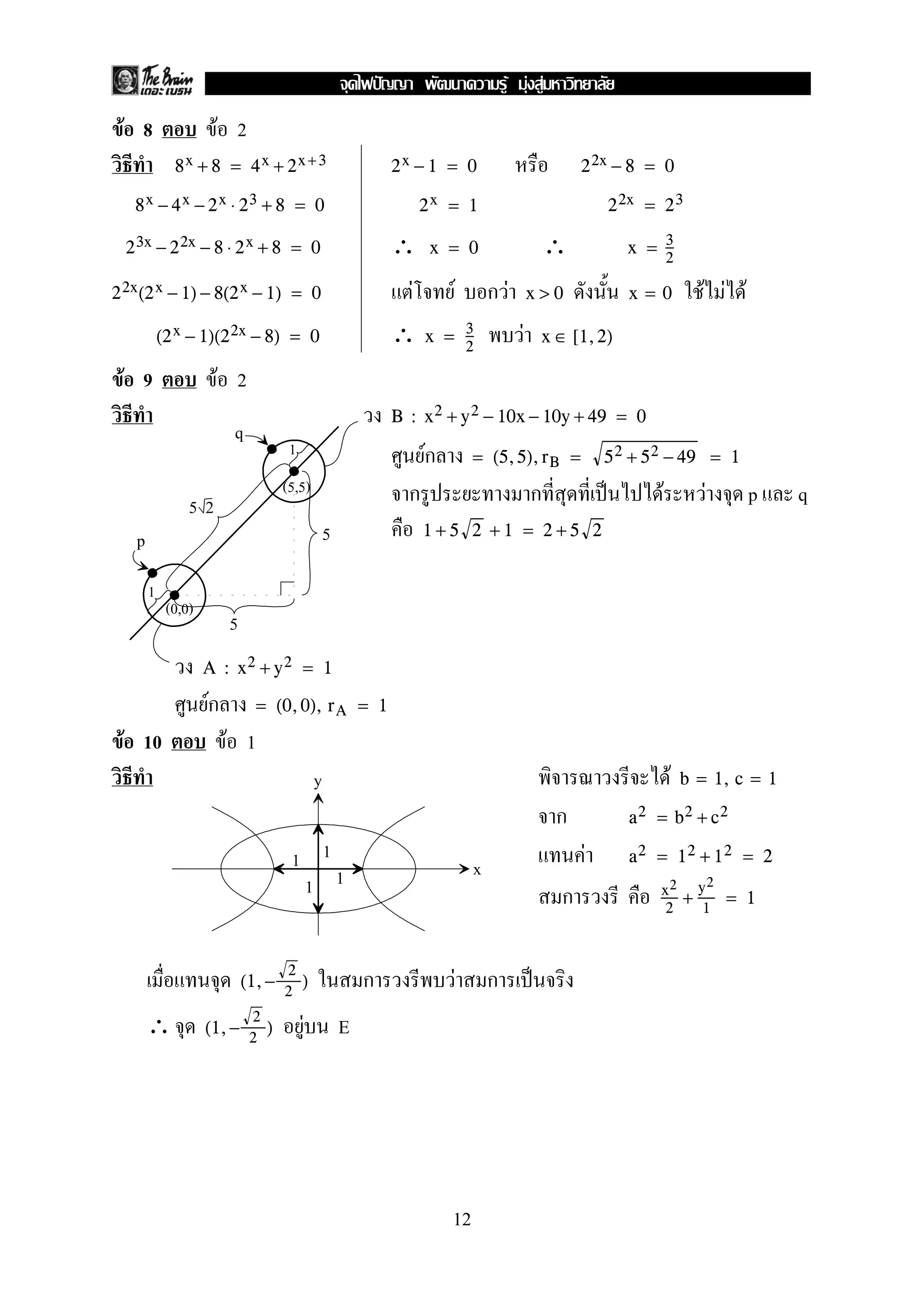 F 8 F 2
8x + 8 = 4x + 2x +3 2x − 1 = 0 22x − 8 = 0
8x − 4x − 2x ⋅ 23 + 8 = 0 2x = 1 22x = 23
∴ ∴23x − 22x − 8 ⋅ 2x + 8 = 0 x = 0 x = 3
2
F F ก F F F F22x(2x − 1) − 8(2x − 1) = 0 x > 0 x = 0
∴ F(2x − 1)(22x − 8) = 0 x = 3
2
x ∈ [1,2)
F 9 F 2
B : x2 + y2 − 10x − 10y + 49 = 0
Fก = (5,5),rB = 52 + 52 − 49 = 1
ก ก ˈ F F p q
1 + 5 2 + 1 = 2 + 5 2
A : x2 + y2 = 1
Fก = (0,0), rA = 1
F 10 F 1
F b = 1, c = 1
ก a2 = b2 + c2
F a2 = 12 + 12 = 2
ก x2
2
+
y2
1
= 1
ก F ก ˈ(1,−
2
2
)
∴ F E(1,−
2
2
)
p
q
1
1
5
5
(0,0)
(5,5)
5 2
y
x
1
11
1
12
ˆ F F F
 