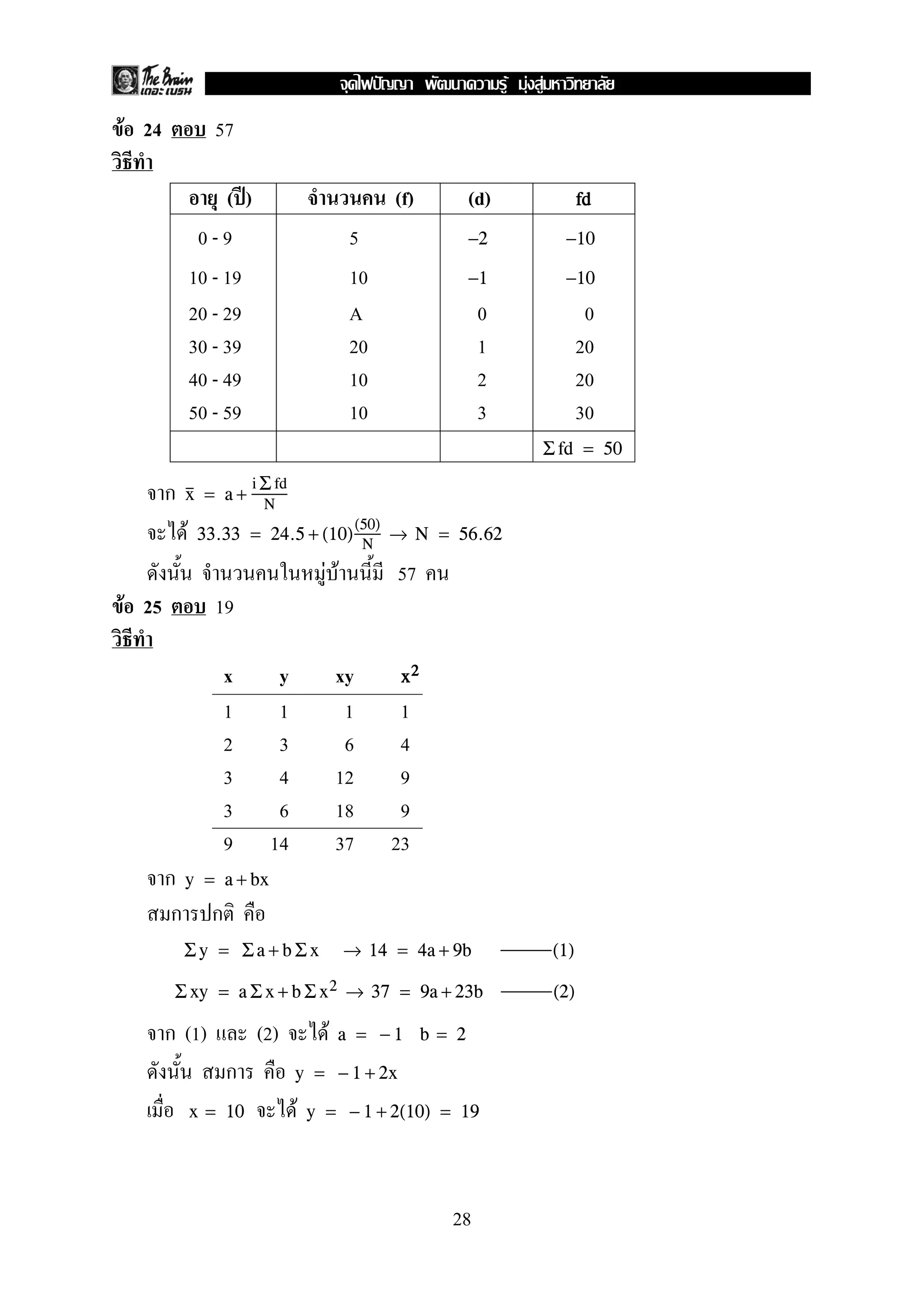 F 24 57
( ʾ) (f) (d) ffffdddd
0 - 9 5 −2 −10
10 - 19 10 −1 −10
20 - 29 A 0 0
30 - 39 20 1 20
40 - 49 10 2 20
50 - 59 10 3 30
Σfd = 50
ก x = a +
i Σfd
N
F 33.33 = 24.5 + (10)
(50)
N
→ N = 56.62
F F 57
F 25 19
x y xy xxxx2222
1 1 1 1
2 3 6 4
3 4 12 9
3 6 18 9
9 14 37 23
ก y = a + bx
ก ก
Σy = Σa + b Σx → 14 = 4a + 9b (1)
Σxy = a Σx + b Σx2 → 37 = 9a + 23b (2)
ก (1) (2) F a = − 1 b = 2
ก y = − 1 + 2x
Fx = 10 y = − 1 + 2(10) = 19
28
ˆ F F F
 