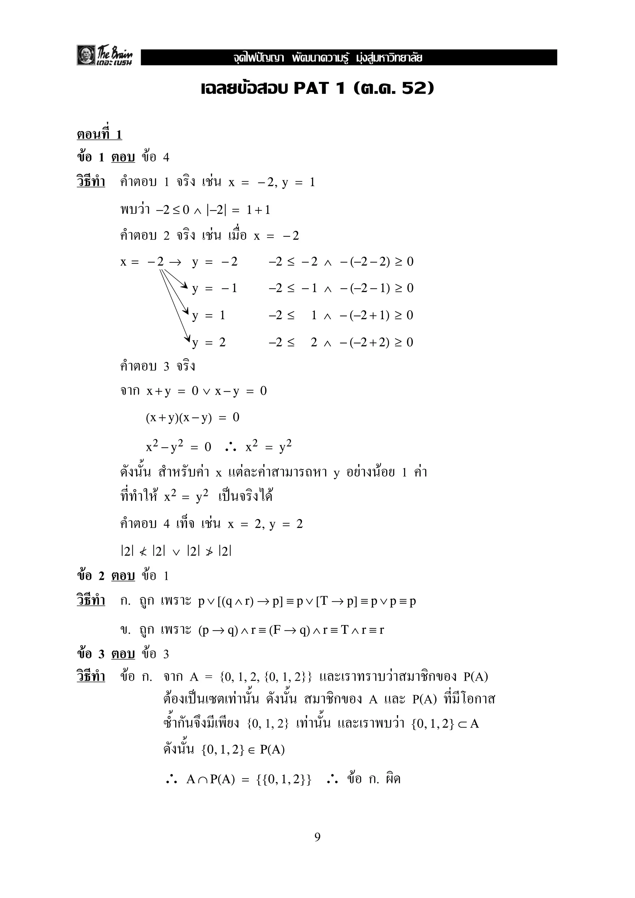 F PAT 1 ( . . 52)
1
F 1 F 4
1 F x = − 2, y = 1
F −2 ≤ 0 ∧ −2 = 1 + 1
2 F x = − 2
x = − 2 → y = − 2 −2 ≤ − 2 ∧ − (−2 − 2) ≥ 0
y = − 1 −2 ≤ − 1 ∧ − (−2 − 1) ≥ 0
y = 1 −2 ≤ 1 ∧ − (−2 + 1) ≥ 0
y = 2 −2 ≤ 2 ∧ − (−2 + 2) ≥ 0
3
ก x + y = 0 ∨ x − y = 0
(x + y)(x − y) = 0
∴x2 − y2 = 0 x2 = y2
F x F F y F F 1 F
F ˈ Fx2 = y2
4 F x = 2, y = 2
2 </ 2 ∨ 2 >/ 2
F 2 F 1
ก. ก p ∨ [(q ∧ r) → p] ≡ p ∨ [T → p] ≡ p ∨ p ≡ p
. ก (p → q) ∧ r ≡ (F → q) ∧ r ≡ T ∧ r ≡ r
F 3 F 3
F ก. ก A = {0, 1, 2, {0, 1, 2}} F ก P(A)
F ˈ F ก A P(A) ก
ก {0, 1, 2} F F {0,1,2} ⊂ A
{0,1,2} ∈ P(A)
∴ ∴ F ก.A ∩ P(A) = {{0,1,2}}
9
ˆ F F F
 