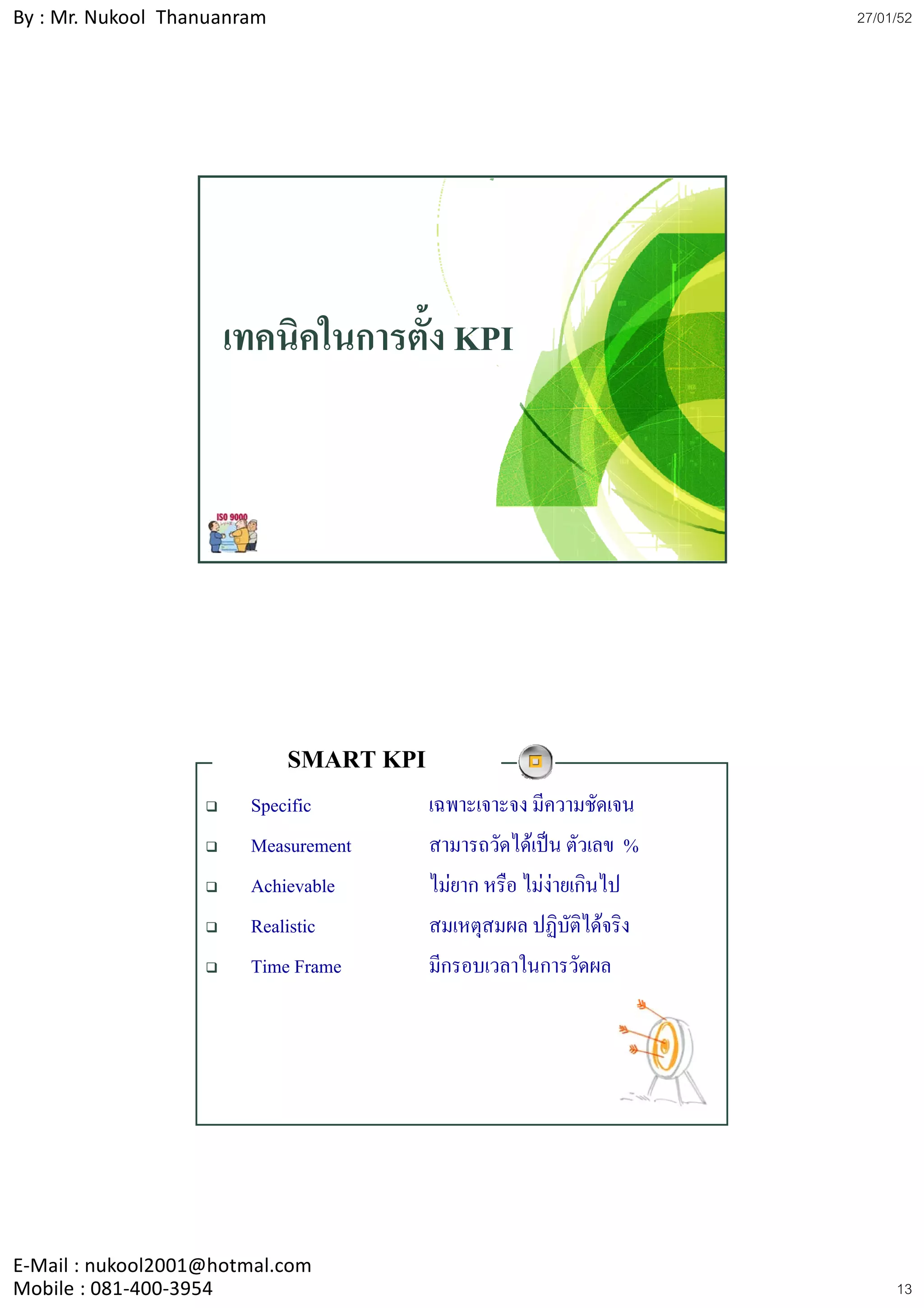 By : Mr. Nukool Thanuanram                                           27/01/52




                     เทคนิคในการตั้ง KPI




                             SMART KPI
                        Specific         เฉพาะเจาะจง มีความชัดเจน
                        Measurement      สามารถวัดไดเปน ตัวเลข %
                        Achievable       ไมยาก หรือ ไมงายเกินไป
                        Realistic        สมเหตุสมผล ปฏิบัติไดจริง
                        Time Frame       มีกรอบเวลาในการวัดผล




E‐Mail : nukool2001@hotmal.com
Mobile : 081‐400‐3954                                                     13
 