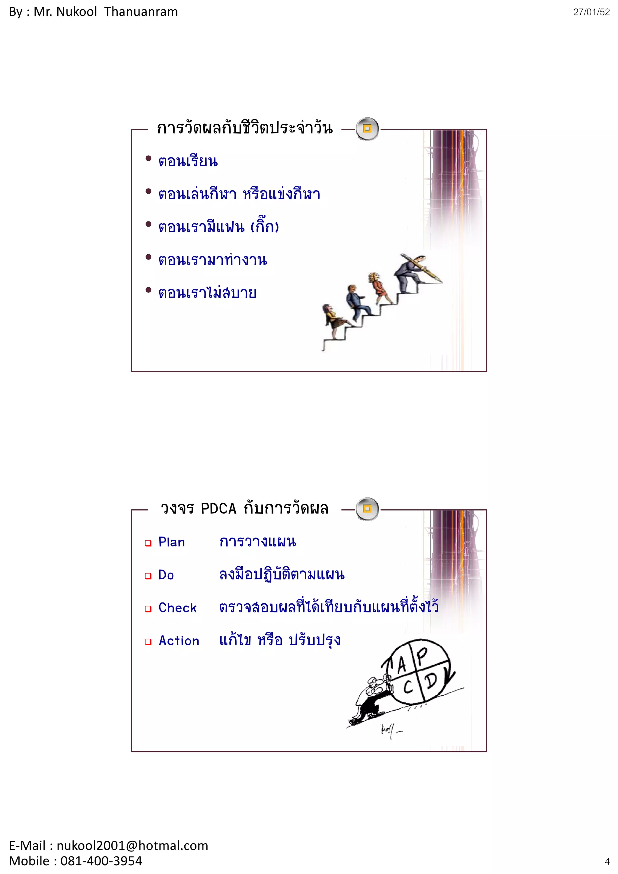 By : Mr. Nukool Thanuanram                                              27/01/52




                      การวัดผลกับชีวิตประจําวัน
                    • ตอนเรียน
                    • ตอนเลนกีฬา หรือแขงกีฬา
                    • ตอนเรามีแฟน (กิ๊ก)
                    • ตอนเรามาทางาน
                                 ํ
                    • ตอนเราไมสบาย
                      ตอนเราไมสบาย




                       วงจร PDCA กับการวัดผล
                      Plan       การวางแผน
                      Do         ลงมือปฏิบัติตามแผน
                                        ฏ
                      Check      ตรวจสอบผลที่ไดเทียบกับแผนที่ตั้งไว
                      Action     แกไข หรือ ปรับปรุง




E‐Mail : nukool2001@hotmal.com
Mobile : 081‐400‐3954                                                         4
 