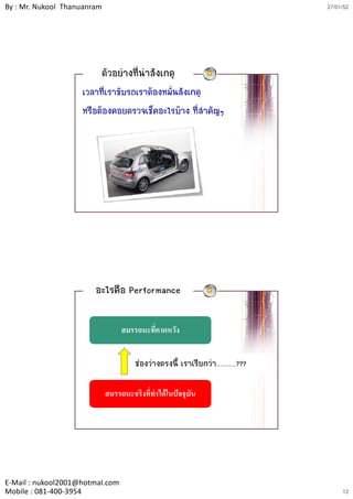 By : Mr. Nukool Thanuanram                                                 27/01/52




                         ตัวอยางที่นาสังเกตุ
                    เวลาที่เราขับรถเราตองหมั่นสังเกตุ
                    หรือตองคอยตรวจเช็คอะไรบาง ที่สาคัญๆ
                                                       ํ ญๆ




                        อะไรคือ Performance

                                  สมรรถนะทคาดหวง
                                  สมรรถนะทีคาดหวัง
                                           ่


                                      ชองวางตรงนี้ เราเรียกวา……………???

                             สมรรถนะจริงที่ทําไดในปจจุบน
                                                         ั




E‐Mail : nukool2001@hotmal.com
Mobile : 081‐400‐3954                                                           12
 