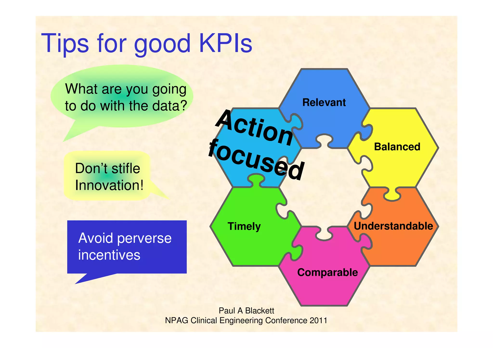Paul A Blackett
NPAG Clinical Engineering Conference 2011
Relevant
Action
focused
Understandable
Balanced
Timely
Comparable
Tips for good KPIs
What are you going
to do with the data?
Don’t stifle
Innovation!
Avoid perverse
incentives
 