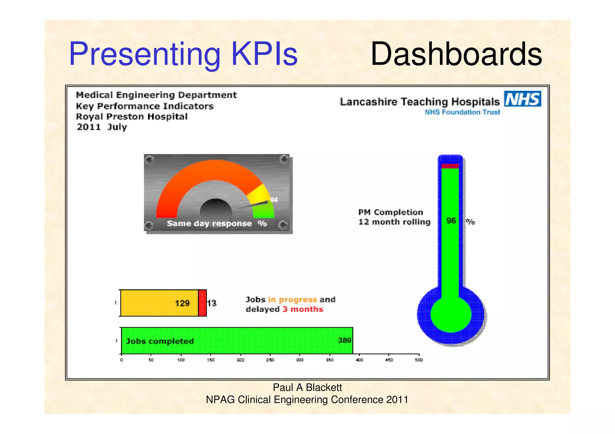 Paul A Blackett
NPAG Clinical Engineering Conference 2011
DashboardsPresenting KPIs
 