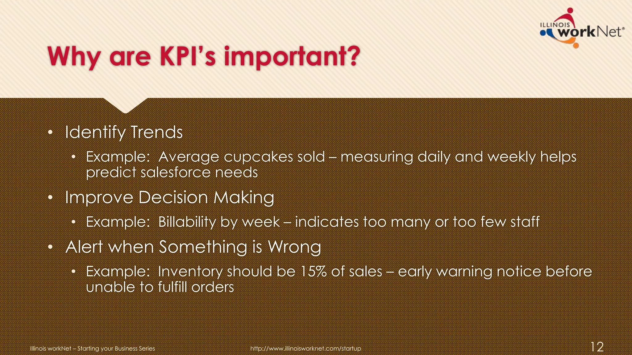 Why are KPI’s important?
• Identify Trends
• Example: Average cupcakes sold – measuring daily and weekly helps
predict salesforce needs
• Improve Decision Making
• Example: Billability by week – indicates too many or too few staff
• Alert when Something is Wrong
• Example: Inventory should be 15% of sales – early warning notice before
unable to fulfill orders
Illinois workNet – Starting your Business Series http://www.illinoisworknet.com/startup 12
 
