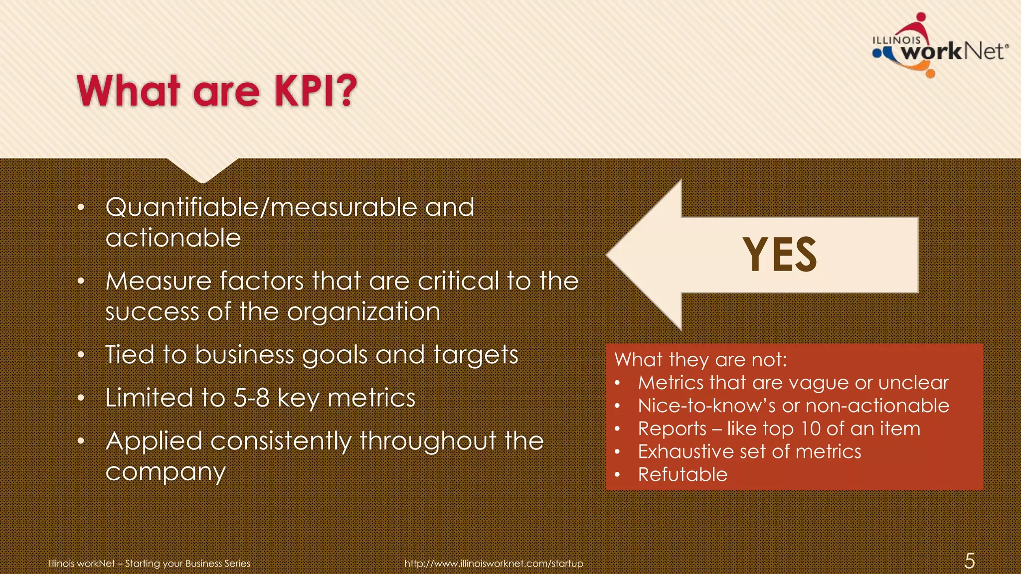 What are KPI?
• Quantifiable/measurable and
actionable
• Measure factors that are critical to the
success of the organization
• Tied to business goals and targets
• Limited to 5-8 key metrics
• Applied consistently throughout the
company
Illinois workNet – Starting your Business Series http://www.illinoisworknet.com/startup 5
What they are not:
• Metrics that are vague or unclear
• Nice-to-know’s or non-actionable
• Reports – like top 10 of an item
• Exhaustive set of metrics
• Refutable
YES
 