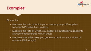 Examples:
Financial
• Measure the rate at which your company pays off suppliers
(Accounts Payable turns in days)
• Measure the rate at which you collect on outstanding accounts
(Account Receivables turns in days)
• Measure how effectively you generate profit on each dollar of
revenue (Net Margin)
Illinois workNet – Starting your Business Series http://www.illinoisworknet.com/startup 9
 