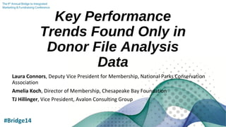 Key Performance
Trends Found Only in
Donor File Analysis
Data
Laura Connors, Deputy Vice President for Membership, National Parks Conservation
Association
Amelia Koch, Director of Membership, Chesapeake Bay Foundation
TJ Hillinger, Vice President, Avalon Consulting Group
#Bridge14 1
 