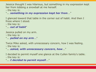 Jessica thought I was hilarious, but something in my expression kept
her from lobbing a snowball at me herself.
- the key is:
"... something in my expression kept her from..."
I glanced toward that table in the corner out of habit. And then I
froze where I stood.
- the key is:
"... out of habit"
Jessica pulled on my arm.
- the key is:
"... pulled on my arm..."
Twice Mike asked, with unnecessary concern, how I was feeling.
- the key is:
"... asked, with unnecessary concern, how..."
I decided to permit myself one glance at the Cullen family's table.
- the key is:
"... I decided to permit myself..."
 