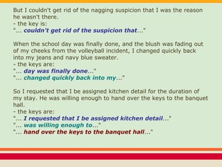 But I couldn't get rid of the nagging suspicion that I was the reason
he wasn't there.
- the key is:
"... couldn't get rid of the suspicion that..."
When the school day was finally done, and the blush was fading out
of my cheeks from the volleyball incident, I changed quickly back
into my jeans and navy blue sweater.
- the keys are:
"... day was finally done..."
"... changed quickly back into my..."
So I requested that I be assigned kitchen detail for the duration of
my stay. He was willing enough to hand over the keys to the banquet
hall.
- the keys are:
"... I requested that I be assigned kitchen detail..."
"... was willing enough to..."
"... hand over the keys to the banquet hall..."
 