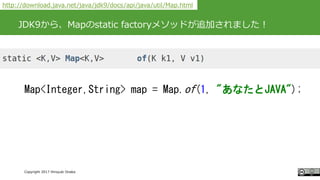 #ccc_g11
Copyright 2017 Hiroyuki Onaka
JDK9から、Mapのstatic factoryメソッドが追加されました！
http://download.java.net/java/jdk9/docs/api/...