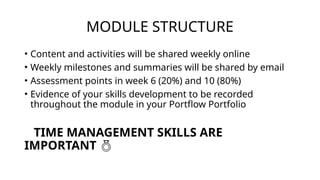 MODULE STRUCTURE
• Content and activities will be shared weekly online
• Weekly milestones and summaries will be shared by email
• Assessment points in week 6 (20%) and 10 (80%)
• Evidence of your skills development to be recorded
throughout the module in your Portflow Portfolio
TIME MANAGEMENT SKILLS ARE
IMPORTANT 
 