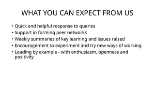 WHAT YOU CAN EXPECT FROM US
• Quick and helpful response to queries
• Support in forming peer networks
• Weekly summaries of key learning and issues raised
• Encouragement to experiment and try new ways of working
• Leading by example - with enthusiasm, openness and
positivity
 