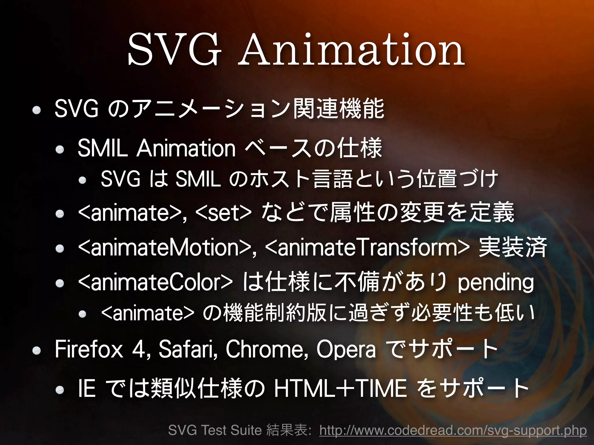 SVG Test Suite   : http://www.codedread.com/svg-support.php
 