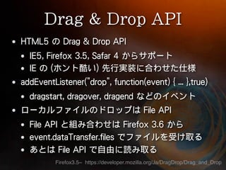 Firefox3.5~ https://developer.mozilla.org/Ja/DragDrop/Drag_and_Drop
 