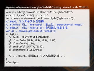 https://developer.mozilla.org/en/WebGL/Getting_started_with_WebGL
                                      

                



          


                                  
  
  
  
 