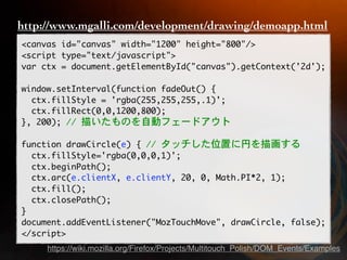 http://www.mgalli.com/development/drawing/demoapp.html
        




     https://wiki.mozilla.org/Firefox/Projects/Multitouch_Polish/DOM_Events/Examples
 