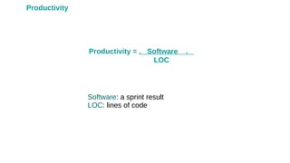 Productivity
Productivity = . Software .
LOC
Software: a sprint result
LOC: lines of code
 