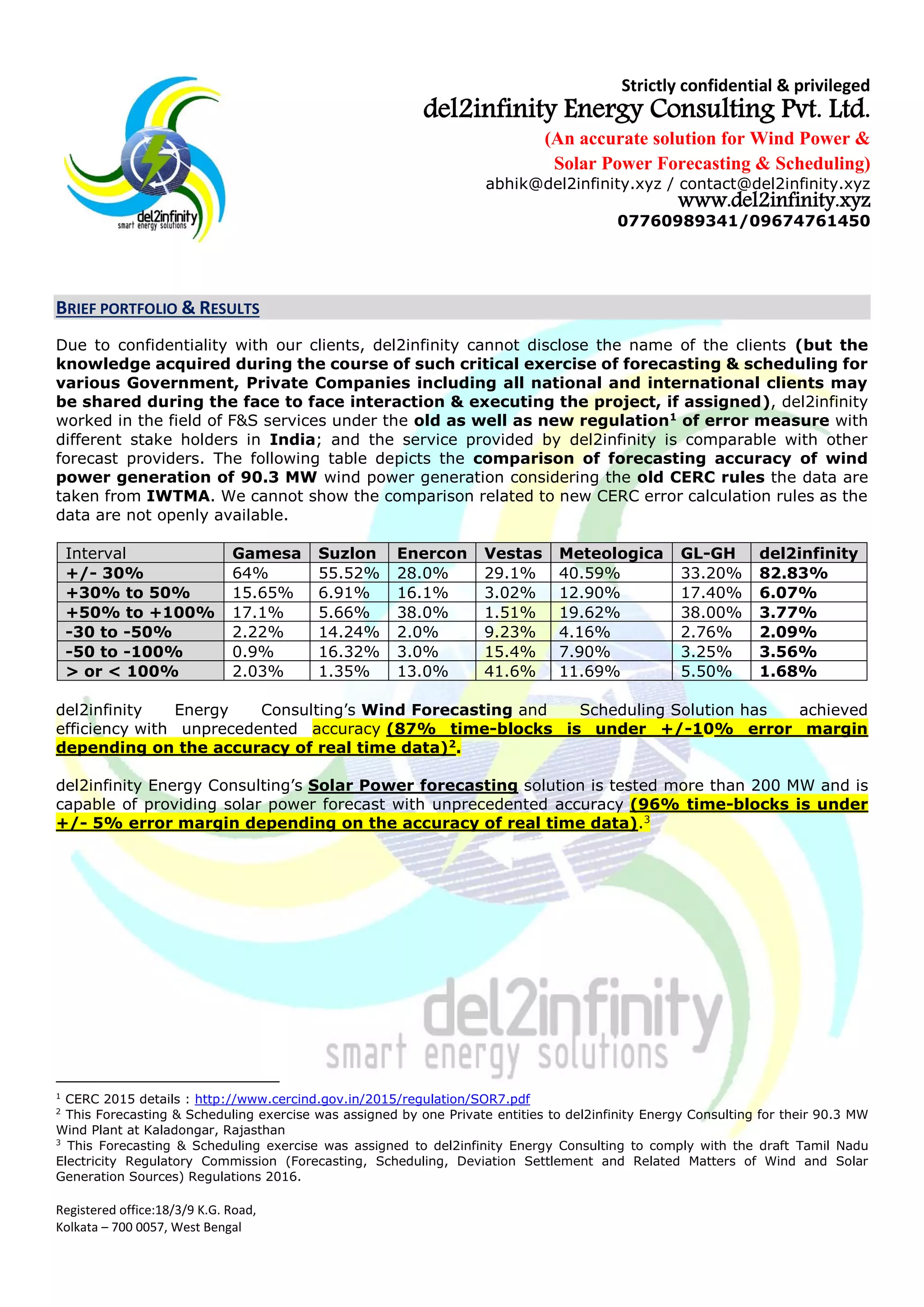 Strictly confidential & privileged
del2infinity Energy Consulting Pvt. Ltd.
(An accurate solution for Wind Power &
Solar Power Forecasting & Scheduling)
abhik@del2infinity.xyz / contact@del2infinity.xyz
www.del2infinity.xyz
07760989341/09674761450
Registered office:18/3/9 K.G. Road,
Kolkata – 700 0057, West Bengal
BRIEF PORTFOLIO & RESULTS
Due to confidentiality with our clients, del2infinity cannot disclose the name of the clients (but the
knowledge acquired during the course of such critical exercise of forecasting & scheduling for
various Government, Private Companies including all national and international clients may
be implemented and utilised during execution of the project, if assigned).
del2infinity Energy Consulting’s Wind Forecasting and Scheduling Solution has achieved
efficiency with unprecedented accuracy (87% time-blocks is under +/-10% error margin
depending on the accuracy of real time data)1
.
del2infinity Energy Consulting’s Solar Power forecasting solution is tested more than 200 MW and is
capable of providing solar power forecast with unprecedented accuracy (96% time-blocks is under
+/- 5% error margin depending on the accuracy of real time data).2
1
This Forecasting & Scheduling exercise was assigned by one Private entities to del2infinity Energy Consulting for their 90.3 MW
Wind Plant at Kaladongar, Rajasthan
2
This Forecasting & Scheduling exercise was assigned to del2infinity Energy Consulting to comply with the draft Tamil Nadu
Electricity Regulatory Commission (Forecasting, Scheduling, Deviation Settlement and Related Matters of Wind and Solar
Generation Sources) Regulations 2016.
 