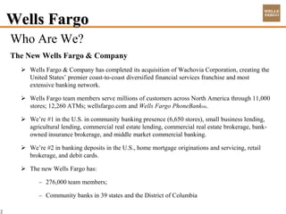 Wells Fargo
    Who Are We?
    The New Wells Fargo & Company
       Wells Fargo & Company has completed its acquisition of Wachovia Corporation, creating the
        United States’ premier coast-to-coast diversified financial services franchise and most
        extensive banking network.

       Wells Fargo team members serve millions of customers across North America through 11,000
        stores; 12,260 ATMs; wellsfargo.com and Wells Fargo PhoneBankSM.

       We’re #1 in the U.S. in community banking presence (6,650 stores), small business lending,
        agricultural lending, commercial real estate lending, commercial real estate brokerage, bank-
        owned insurance brokerage, and middle market commercial banking.

       We’re #2 in banking deposits in the U.S., home mortgage originations and servicing, retail
        brokerage, and debit cards.

       The new Wells Fargo has:

            – 276,000 team members;

            – Community banks in 39 states and the District of Columbia

2
 
