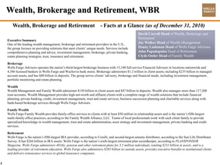 Wealth, Brokerage and Retirement, WBR
       Wealth, Brokerage and Retirement                                   - Facts at a Glance (as of December 31, 2010)
                                                                                                       David Carroll Head of Wealth, Brokerage and
                                                                                                       Retirement
    Executive Summary
    One of the leading wealth management, brokerage and retirement providers in the U.S.,              Jay Welker Head of Wealth Management
    the group focuses on providing solutions that meet clients’ unique needs. Services include         Danny Ludeman Head of Wells Fargo Advisors
    comprehensive planning and advice, investment management, brokerage, private banking,              John Papadopulos Head of Retirement
    estate planning strategies, trust, insurance and retirement.                                       Clyde Ostler Head of Family Wealth

    Brokerage
    Wells Fargo Advisors operates the nation’s third-largest brokerage business with 15,188 full-service Financial Advisors in locations nationwide and
    4,386 licensed bankers in Wells Fargo and Wachovia bank stores. Brokerage administers $1.2 trillion in client assets, including $235 billion in managed
    account assets, and has $80 billion in deposits. The group serves clients’ advisory, brokerage and financial needs, including investment management,
    portfolio monitoring and estate planning.

    Wealth
    Wealth Management and Family Wealth administer $150 billion in client assets and $47 billion in deposits. Wealth also manages more than 117,200
    trust accounts. Wealth Management provides high-net-worth and affluent clients with a complete range of wealth solutions that include financial
    planning, private banking, credit, investment management, trust and estate services, business succession planning and charitable services along with
    bank-based brokerage services through Wells Fargo Advisors.

    Family Wealth
    Wells Fargo Family Wealth provides family-office services to clients with at least $50 million in relationship assets and is the nation’s fifth-largest
    multi-family office practices, according to the Family Wealth Alliance, LLC. Teams of local professionals work with each client family to provide
    specialized knowledge in wealth management, trust and estate administration, asset strategy and investment management, private banking and credit
    services.

    Retirement
    Wells Fargo is the nation’s fifth-largest IRA provider, according to Cerulli, and second-largest annuity distributor, according to the Sun Life Distributor
    Survey. It has $266 billion in IRA assets. Wells Fargo is the nation’s sixth-largest retirement plan recordkeeper, according to PLANSPONSOR
    Magazine. Wells Fargo administers 401(k), pension and other retirement plans for 3.5 million individuals, totaling $231 billion in assets, and is a
    leading provider of retirement education. Wells Fargo also administers $285 billion in custody assets, provides executive benefits to institutional clients
    and delivers reinsurance services to global insurance companies.


4
 
