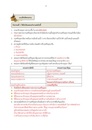 4

แบบฝึกหัดทบทวน
กิจกรรมที่ 1 ให้นักเรียนตอบคําถามต่อไปนี้
ตอบคํ
1. อาณาจักรอยุธยา สถาปนาขึ้น ใน พ
พ.ศ.1893-2310
2. ก่อนการสถาปนากรุงศรีอยุธยาเป็นราชธานี มีเมืองโบราณตั้งอยู่ตรงข้ามกรุงศรีอยุธยาก่อนแล้วชื่อว่าเมือง
กรุ
เมืองอโยธยา
3. กรุงศรีอยุธยามีสภาพเป็นเกาะเมืองมี แม่น้ํา 3 สาย ล้อมรอบได้แก่ แม่น้ําป่าสัก แม่น้ําลพบุรี และแม่น้ํา
น้
เจ้าพระยา
4. สภาพภูมิศาสตร์ที่เป็นเกาะเมือง ส่งผลดีการที่กรุงศรีอยุธยาคือ
1. ค้าขาย
2. คมนาคมขนส่ง
3. ป้องกันข้าศึก
4. เกษตรกรรมสําคัญ
5. พระมหากษัตริย์แห่งกรุงศรีอยุธยามีฐานะทางการปกครองที่เรียกว่า สมมติเทวราช หรือ
แห่
สมบูรณาญาสิทธิราชย์ ซึ่งรับอิทธิพลมาจากศาสนา
ลมาจากศาสนา.พราหมณ์-ฮินดู จากอาณาจักร เขมร
6. พระมหากษัตริย์องค์สําคัญที่มีพระมหากรุณาธิคุณต่อการสร้างสรรค์อาณาจักรอยุธยา ได้แก่
รอยุ
พระมหากษัตริย์
พระเจ้าอู่ทอง
พระบรมไตรโลกนาถ
พระนเรศวรมหาราช
พระนารายณ์มหาราช

พระมหากรุณาธิคุณ
สถาปนากรุงศรีอยุธยา
ปฏิรูปการปกครอง วรรณคดี
กู้อิสรภาพ
การต่างประเทศก้าวหน้า
โดยเฉพาะกับโปรตุเกส ฮอลันดา ฝรั่งเศส
วรรณคดีรุ่งเรือง

พระเจ้าอยู่หัวบรมโกศ
7. ปัจจัยใดบ้างที่ส่งผลต่อการสถาปนากรุงศรีอยุธยา
อาณาจักรอยุธยาเกิดจากการรวมตัวของแคว้นสุพรรณภูมิ และแคว้นละโว้
ที่ตั้งของอาณาจักรอยุธยาเป็นจุดยุทธศาสตร์ด้าน องกันอาณาจักร
เป็
นการป้
ที่ตั้งของอาณาจักรอยุธยาเป็นจุดยุทธศาสตร์ด้านการเกษตรกรร
นการเกษตรกรรม
ที่ตั้งของอาณาจักรอยุธยาเป็นจุดยุทธศาสตร์ด้านการเป็นเมืองท่าการค้านานาชาติ
8. เพราะเหตุใดจึงกล่าวว่ากรุงศรีอยุธยาเป็นเมืองท่าการค้านานาชาติที่เจริญรุ่งเรือง
เพราะมีชาวต่างชาติมาค้าขายเป็นจํานวนมาก มีระบบการค้าเรียกว่า พระคลังสินค้า ในการติดต่อค้าขาย
มาค้
กับต่างประเทศ มีสินค้าที่หลากหลาย แนวคิด “ซื้อถูก ขายแพง ของฟรีก็เอาไปขาย”
”
ภูมิศาสตร์เหมาะสมต่อการเป็นศูนย์กลางทางการค้า
เก็บภาษีผ่านด่านการค้าทั้งขาเข้าและขาออก ทําให้ร่ํารวย
การค้าในระบบบรรณาการกับจีน เรียกว่า การจิ้มก้อง

 