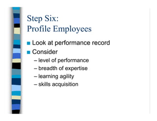 Step Six:
Profile Employees
Look at performance record
Consider
– level of performance
– breadth of expertise
– learning a...