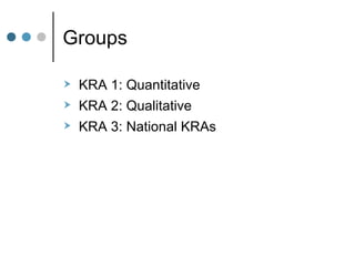 Groups KRA 1: Quantitative KRA 2: Qualitative KRA 3: National KRAs