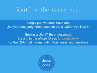 What’s the dress code?
Simply put, we don’t have one.
Use your best judgment based on the situation you’ll be in.
Seeing a client? Be professional.
Staying in the office? Dress for productivity.
For the CEO that means t-shirt, hat, jeans, and sneakers.
dress
code
 