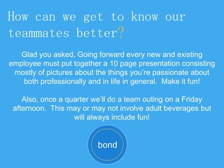 How can we get to know our
teammates better?
Glad you asked. Going forward every new and existing
employee must put together a 10 page presentation consisting
mostly of pictures about the things you’re passionate about
both professionally and in life in general. Make it fun!
Also, once a quarter we’ll do a team outing on a Friday
afternoon. This may or may not involve adult beverages but
will always include fun!
bond
 