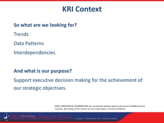 RIMS CONFIDENTIAL INFORMATION. Do not disclose without express permission of RIMS General
Counsel. Recording of this session via any media type is strictly prohibited.
KRI Context
Unclassified
So what are we looking for?
Trends
Data Patterns
Interdependencies
And what is our purpose?
Support executive decision making for the achievement of
our strategic objectives.
 