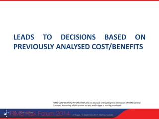 RIMS CONFIDENTIAL INFORMATION. Do not disclose without express permission of RIMS General
Counsel. Recording of this session via any media type is strictly prohibited.
LEADS TO DECISIONS BASED ON
PREVIOUSLY ANALYSED COST/BENEFITS
Unclassified
 