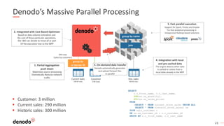 21
Denodo’s Massive Parallel Processing
3M rows
(sales by customer)
Current Sales
290 M rows
group by
customer ID1. Partial Aggregation
push down
Maximizes source processing
Dramatically Reduces network
traffic
4. Integration with local
and pre-cached data
The engine detects when data
Is cached or comes from a
local table already in the MPP
2. Integrated with Cost Based Optimizer
Based on data volume estimation and
the cost of these particular operations,
the CBO can decide to move all or part
Of the execution tree to the MPP
5. Fast parallel execution
Support for Spark, Presto and Impala
For fast analytical processing in
inexpensive Hadoop-based solutions
Hist. Sales
300 M rows
Customer
3 M rows
join
group by name
SELECT
c.c_first_name, c.c_last_name,
SUM(ss.ss_quantity),
AVG(ss.ss_sales_price)
FROM
(SELECT * FROM current_store_sales UNION ALL
SELECT * FROM historic_store_sales) ss
JOIN sqls_customer c
ON ss.ss_customer_sk = c.c_customer_sk
GROUP BY c.c_first_name, c.c_last_name
3. On-demand data transfer
Denodo automatically generates
and upload Parquet files
In parallel
§ Customer: 3 million
§ Current sales: 290 million
§ Historic sales: 300 million
 