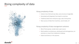 8
Rising complexity of data
Rising complexity of data
▪ Eclectic mix of old and new data; every structure imaginable
▪ Generated and integrated, from batch to real time
▪ Traditional data from enterprise apps, web, third-parties
▪ New sources of data from machines, social media, IoT
Rising complexity of data management solutions
▪ Mix of home grown, vendor built, open source
▪ Multi-platform architectures; distributed and heterogeneous; on
premises or cloud; from relational to Hadoop
▪ Hybrid and diverse in the extreme.
 