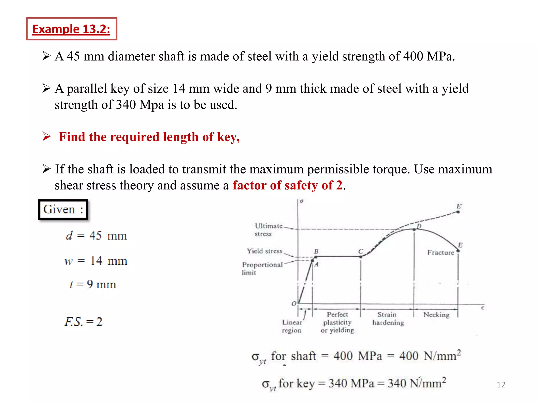 Example 13.2:

  A 45 mm diameter shaft is made of steel with a yield strength of 400 MPa.

  A parallel key of size 14 mm wide and 9 mm thick made of steel with a yield
   strength of 340 Mpa is to be used.

  Find the required length of key,

  If the shaft is loaded to transmit the maximum permissible torque. Use maximum
   shear stress theory and assume a factor of safety of 2.




                                                                                    12
 