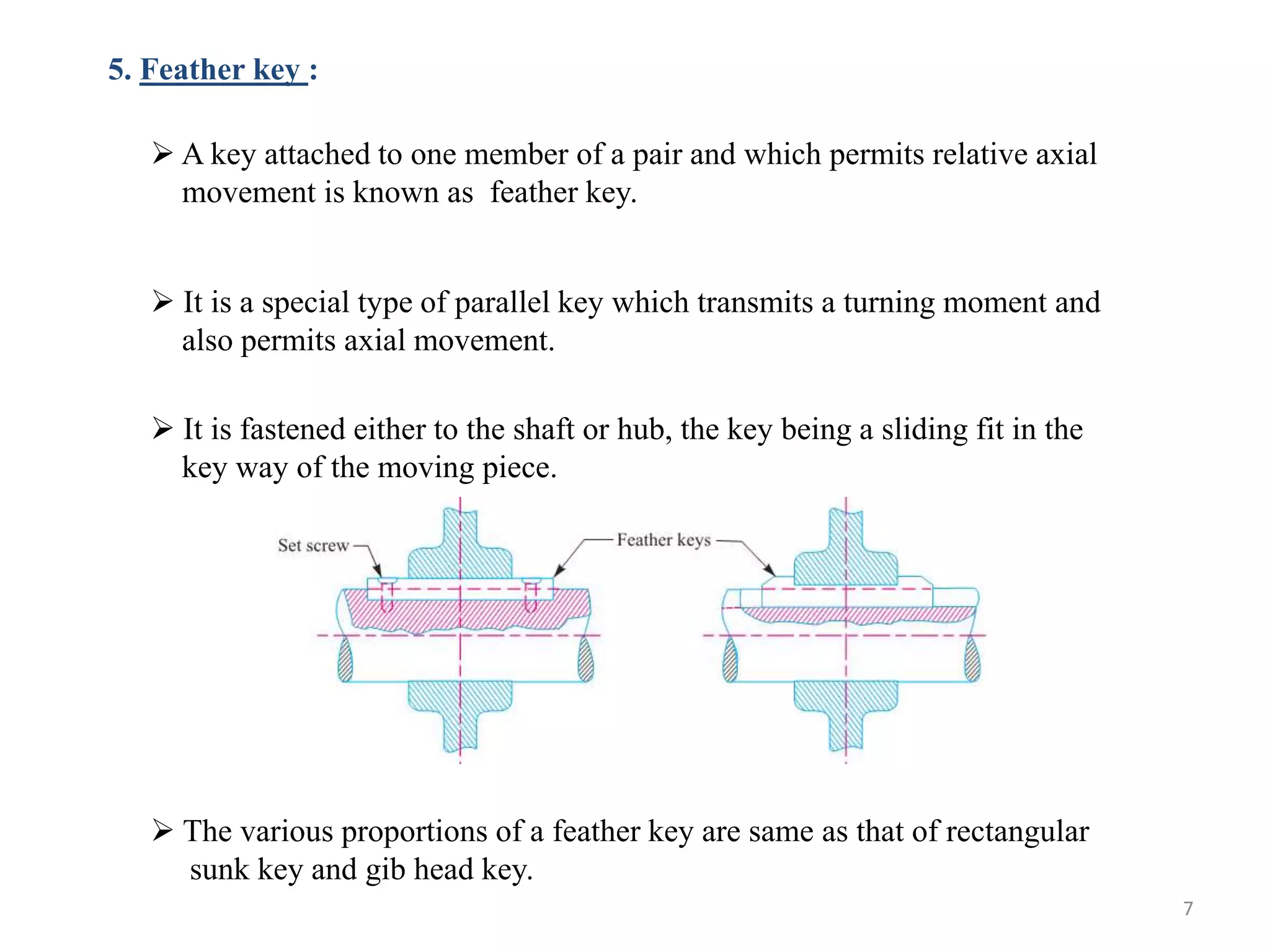 5. Feather key :

    A key attached to one member of a pair and which permits relative axial
     movement is known as feather key.


    It is a special type of parallel key which transmits a turning moment and
     also permits axial movement.

    It is fastened either to the shaft or hub, the key being a sliding fit in the
     key way of the moving piece.




    The various proportions of a feather key are same as that of rectangular
     sunk key and gib head key.
                                                                                     7
 