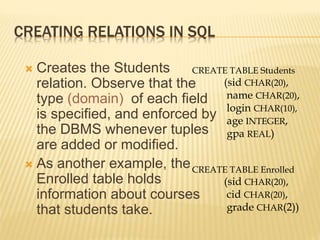 CREATING RELATIONS IN SQL
 Creates the Students
relation. Observe that the
type (domain) of each field
is specified, and enforced by
the DBMS whenever tuples
are added or modified.
 As another example, the
Enrolled table holds
information about courses
that students take.
CREATE TABLE Students
(sid CHAR(20),
name CHAR(20),
login CHAR(10),
age INTEGER,
gpa REAL)
CREATE TABLE Enrolled
(sid CHAR(20),
cid CHAR(20),
grade CHAR(2))
 
