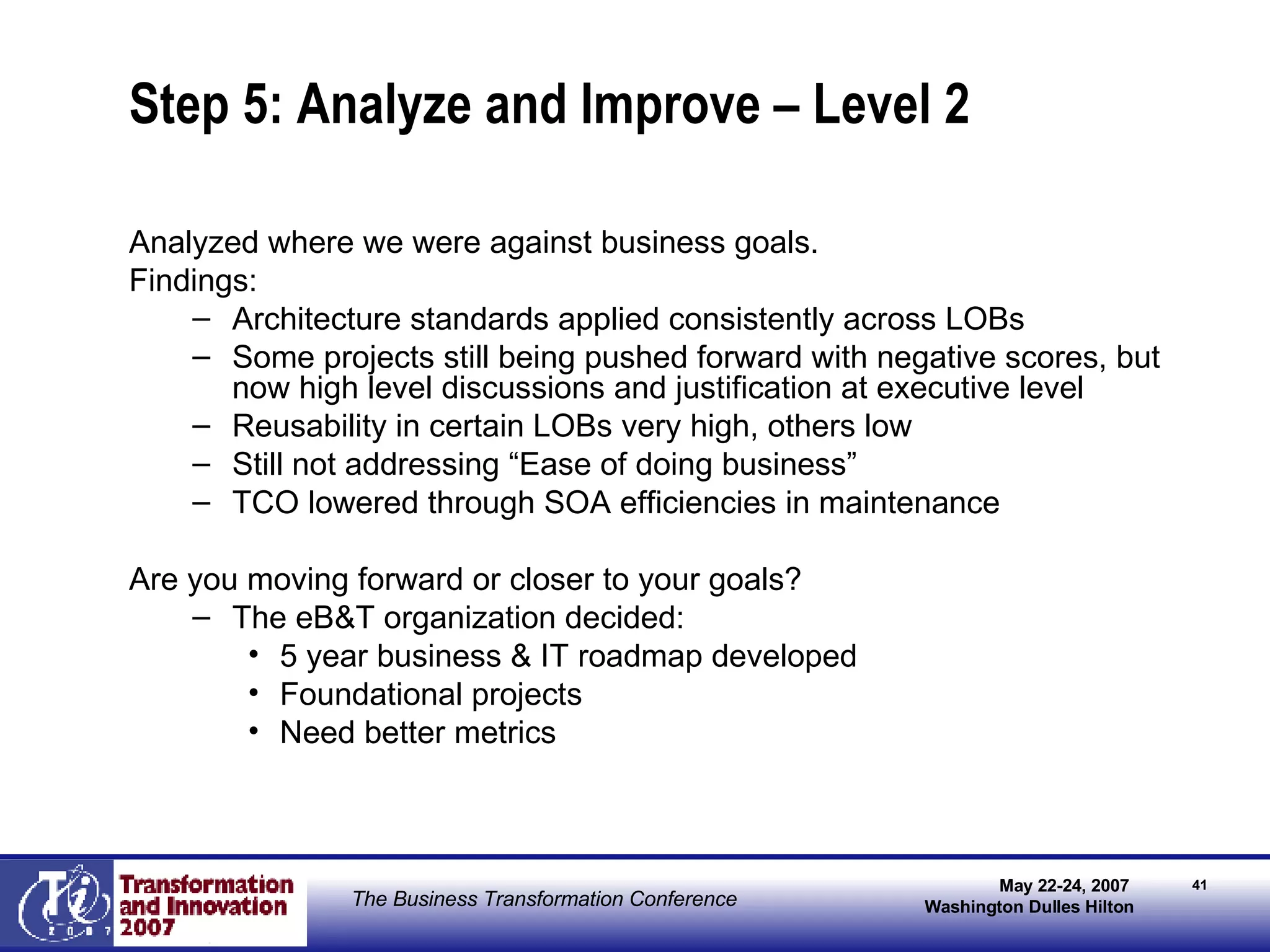 Step 5: Analyze and Improve – Level 2 Analyzed where we were against business goals. Findings: Architecture standards applied consistently across LOBs Some projects still being pushed forward with negative scores, but now high level discussions and justification at executive level Reusability in certain LOBs very high, others low Still not addressing “Ease of doing business” TCO lowered through SOA efficiencies in maintenance Are you moving forward or closer to your goals? The eB&T organization decided: 5 year business & IT roadmap developed Foundational projects Need better metrics 