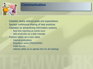 Communication Establish clearly defined goals and expectations. Sponsor continuous sharing of best practices. Capitalize on streamlining information systems. Real time reporting as events occur Safe production as a daily message Posture safety as a core value Internal publications Regulatory arena (MSHA/OSHA) Public forums Address safety as an agenda item for all meetings 