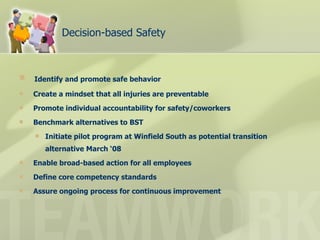Decision-based Safety Identify and promote safe behavior Create a mindset that all injuries are preventable Promote individual accountability for safety/coworkers Benchmark alternatives to BST Initiate pilot program at Winfield South as potential transition alternative March ‘08 Enable broad-based action for all employees Define core competency standards Assure ongoing process for continuous improvement 