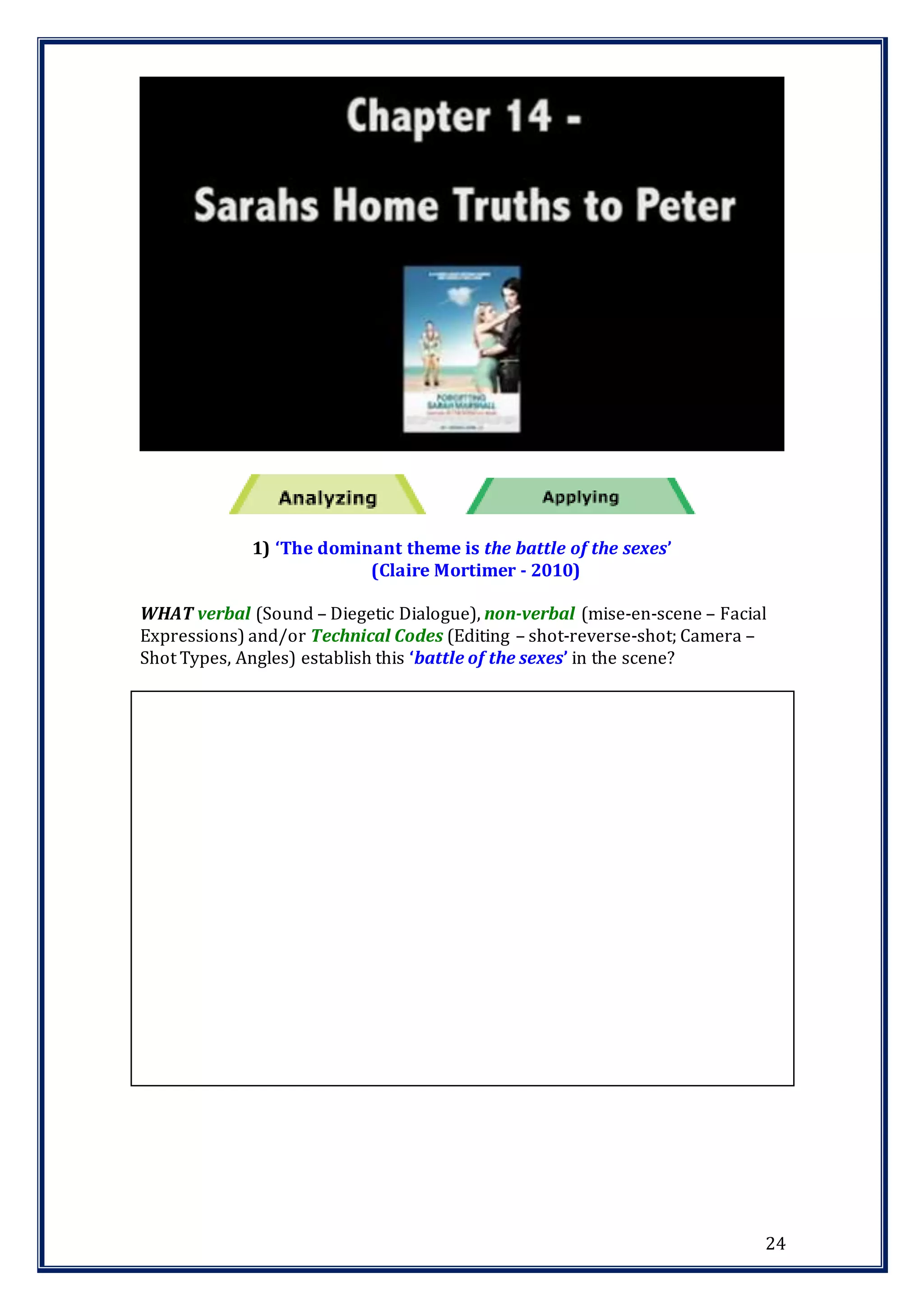 24
1) ‘The dominant theme is the battle of the sexes’
(Claire Mortimer - 2010)
WHAT verbal (Sound – Diegetic Dialogue), non-verbal (mise-en-scene – Facial
Expressions) and/or Technical Codes (Editing – shot-reverse-shot; Camera –
Shot Types, Angles) establish this ‘battle of the sexes’ in the scene?
 
